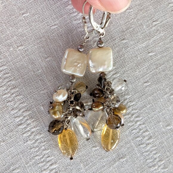 Long Sterling Cha-Cha Dangle Earrings with Golden Gemstones and Pearls - Picture 8 of 10